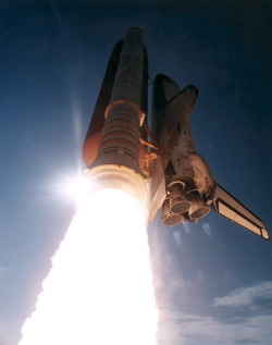 space-pics:  Space Shuttle Discovery’s STS-70 mission launched on July 13, 1995 from Kennedy Space Center. STS-70 was the last of seven shuttle missions to carry a Tracking and Data Relay Satellite a tool used by NASA to communicate with other satellites,
