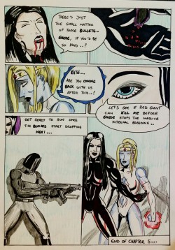 Kate Five vs Symbiote comic Page 116  End of Chapter 5!!  Kate is ready to throw down with Red Giant despite the internal bleeding. The symbiote has shown it can remove the bullets and no doubt stop the bleeding, but we haven’t established if it can