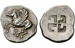 archaicwonder:  Pegsus and Swastika, Silver Stater of Corinth c. 550-500 BC    Coin shows Pegasos (Pegasus), with curved wing, flying to left, a koppa below. On the reverse, an incuse in the form of a swastika. Very rare. This is one of the finest of