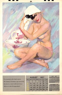 indypendent-thinking:  Esquire calendar Illustrated by Mike Ludlow August 1957 (by leifpeng)