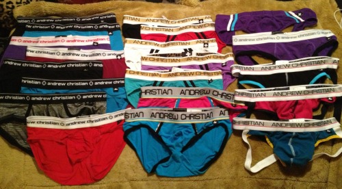 20 of my 21 pairs of Andrew Christian undies!!!! (the 21st pair are currently MIA…?!) AND I have 4 more pairs on the way!! Best/worst part is, the ACs make up probably about 1/6th of my entire underwear collection, if not less!