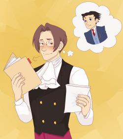 prospectkiss:  lpsc00ldraws:  Dual Destiny cuties to signal to everyone that yes I’m alive but barely breathing As for the wedding band, I can explain…  Look at that happy dork.  Seeing Edgeworth get flustered always makes me smile - especially when