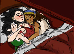 zoezgirl:  Sleepover at the Hawke estate. Also, just in case you were wondering where Aveline is… (EDIT; I fixed some things I missed, Merrill’s vallaslin and Hawke’s hand and a few other little things.) 