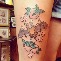truerawmantic:  The cutest little fruit bat &amp; peaches just landed on my thigh! Made by my talented &amp; lovely brother @kallereb. Get your ink done at Rebel Tattoos! #tattoo #gothenburg #kallereb #fruitbat #fruittattoo #peach 