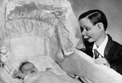 Charlie McCarthy with Edgar Bergen&rsquo;s new daughter, Candice. 1946