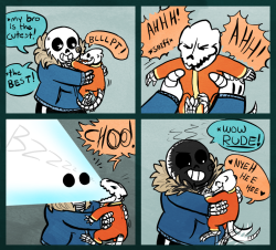 spacegate:  Baby Blaster Papyrus sometimes goes pew pew when he sneezes.  It’s okay since sans is a baby blaster too he has a bit of an immunity to the pew pews. He loves his brother enough to take any accidental pew pews, he’s dedicated!  Drawn mostly