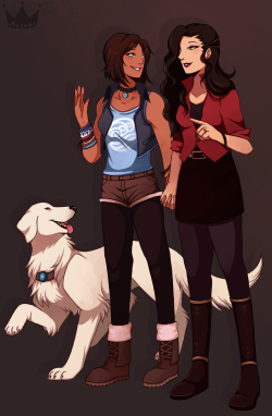 Been working on this one for a while, finally done ! Modern AU engaged girlfriends + their big white Lab &lt;3 Naga was an afterthought, I added her in after realizing I hardly see her in modern AU drawings. This was super fun to draw, enjoy friends !!