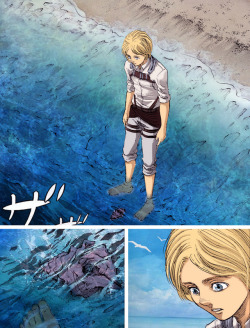 leliz020294: After a long journey on horseback, Armin fulfills his dream when the Survey Corps reach the ocean. Down at the beach front, Armin seems joyful at having accomplished his dream.