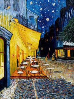 starrypm:  Vincent Van Gogh - Cafe Terrace at Night // Paul Gauguin - Avenue de Clichy