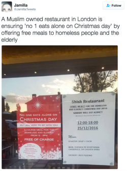 the-movemnt: A Muslim-owned restaurant is hosting free Christmas dinners for the homeless Shish Restaurant, a Muslim-owned Turkish eatery in London, posted a flyer on their door promoting a free three-course Christmas dinner for the homeless and eldery.