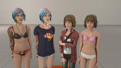 stealthclobber:  The Life is Strange models are coming together. These are just the models from Ep. 3, excluding Max’s bed outfit. I’ll probably end up bringing over the EP 1-2 outfits as well, since the only ones out there (that I know of) don’t