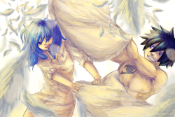 jiyu-koya:  Gruvia Pillow Fight! - fanart. I was inspired by a sketch i saw on my dashboard a few days ago for ereri.. I immediatelly thought of gruvia so I made a fanart of it. I must say, I am really proud of this one :P Made by jiyu-koya. Please do