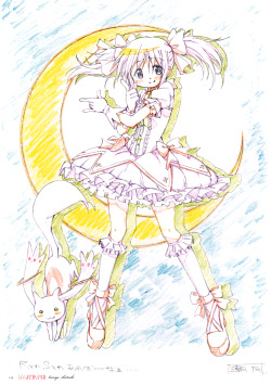 ladlelickedbarnaby:  silvermoon424:  (from the Puella Magi Madoka Magica artbook, Key Animation Note Extra) Madoka doing Sailor Moon’s “oshiokiyo” pose in front of a crescent moon THIS IS THE BEST THING EVER  EEEEEEEEE! 