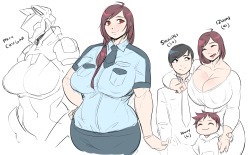 risax:  mr-ndc:  Sketches of Natsumi’s model older sister, Izumi. Who’s a police officer and definitely a better parent than her sister lmao. Her hero name is Mach Cougar.Also, gave Natsumi sum tanlines lol  Hurray for more muscle MILFs! 
