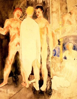 ganymedesrocks:  Turkish Bath with Self Portrait, 1918In the 1910s, Philadelphia’s most favored gay bath houses were the Produce Exchange Baths and the Lafayette Baths, 403–405 Lafayette Street.  Interestingly, the bath house, since 1916, was managed