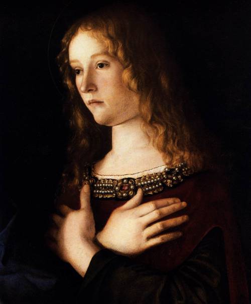 alaspoorwallace:Giovanni Bellini (Italian, about 1433-1516), detail of Mary Magdalene from the Sacra Conversazione, ca. 1490. Oil on panel, (overall) 58 x 107 cm; Gallerie dell’Accademia, Venice