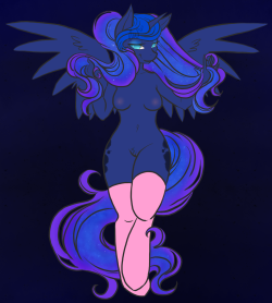 lovelywaifuarts:Pigtails and socks pinup recolor of Princess Luna!I really like how her starry hair came out. It looks so pretty and I love that brush, even if it’s really hard to use and the layering I had to do is ridiculous. I almost gave up but