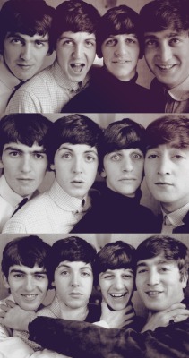 rocknrollhighskool:  The three phases of The Beatles career summed up in three photos - fun, bemused and wanting to throttle each other!  Left to right - George Harrison, Paul McCartney, Ringo Starr and John Lennon  Those Guys