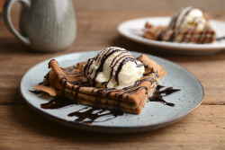 lustingfood:  Coffee Pancakes/Crêpes with Vanilla Ice Cream and Chocolate Sauce 