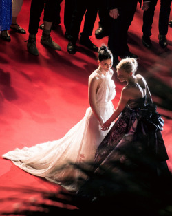 fuckitfireeverything:  queencate:  Cate Blanchett   and Rooney Mara   attend the Premiere of “Carol” during the 68th annual Cannes Film Festival on May 17, 2015 in Cannes, France.  #hades pulling persephone into the underworld on may 17 2015 in cannes