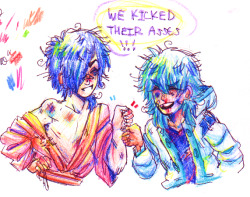 nohomoujaku:  ALRIGHTY LAST ONE BEFORE BED„ so i busted out ye ol sketchbook, prisma colors and fancy ink pens the other day to draw some kouaos (strange and unexpected i know) ta daaa„, soRRY ABOUT GROSS SLIGHT NSFW„„„, oh and there’re captions
