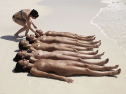 5 girls lying on a beach #GroupOfNudeGirls