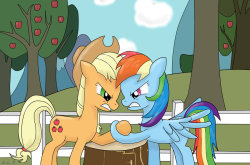 fuckyeahappledash:  Rainbow Dash vs. Apple Jack by FinnishGirl97  Just kiss already, you two. &lt;w&lt;
