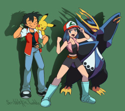 ash-chosenone:  scribblekin:  For ash-chosenone They asked for a pic of their 16yr old RP-verse versions of Ash and Dawn (w/ Pokemon best buds X3) -Ash is being teased a bit, about the ~super cool~ speech/poses he still practices off by himself (like