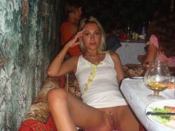 It’s so pleasant, after a nice meal, to sit back and relax, to spread your legs to show off your pussy in a ‘no panties’ restaurant, to watch other guests watching you, to sip more wine and get frisky, to feel your pussy getting hotter and hotter,