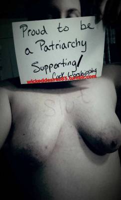 wickeddesires85: @dixiesubdarlin shows off her saggy tits while demonstrating a little creativity with her sign. Check my blog for #proudly-inferior to see all the little cunts that have submitted to me, proving that they don’t need equality, don’t