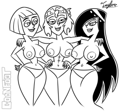 edensparkworkshop: Patreon Request - Best Boobs all Around Requested by Sharkmaster and drawn by coonfoot, here we have Maddie Fenton and Desiree from Danny Phantom, posing topless along side with Sharkmaster’s OC, Sarah Soft. If you like to get your