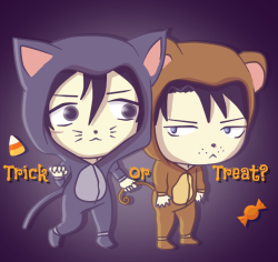 amayaokami:  ‘Tis the season for OTPs in Halloween costumes!  I was going for a Tom &amp; Jerry theme. And Levi secretly loves being in a onesie he just won’t admit it.  