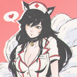 koyoriin:  http://www.pixiv.net/member.php?id=12576068http://instagram.com/c.cadaver Coloured sketch of Ahri in a nurse outfit! Loosely based on Akali’s existing nurse skin… 