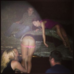 pantsing-love:  Drunk girl pantsed at a party while hanging over a log   There gonna let the boys fuck her now