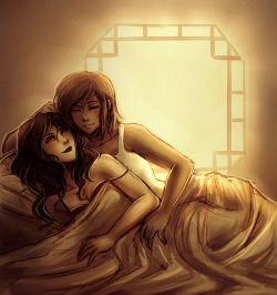revision of an old pic (I fixed asami&rsquo;s face,made korra&rsquo;s hair short, + clothes)  for Korrasami week day 7: sunrise 