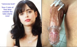 I decide key holder Krysten Ritter unlocks one of her boys for a quick supervised masturbation session. He only gets 3 min (orgasm or not) then itâ€™s back in the tube for who knows how long.    The anxious boys denied cock is instantly hard the second