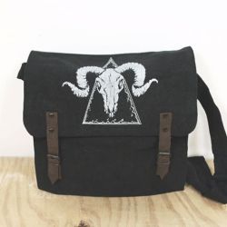 sovrinapparel:  The ram skull satchel back by popular demand!  Pre order up now.  Vegan ram skull crossbody and the elements vegan backpack is also up! Available at SOVRIN.etsy.com #sovrin #ram #ramskull #occult #occultfashion #darkfashion #messenger