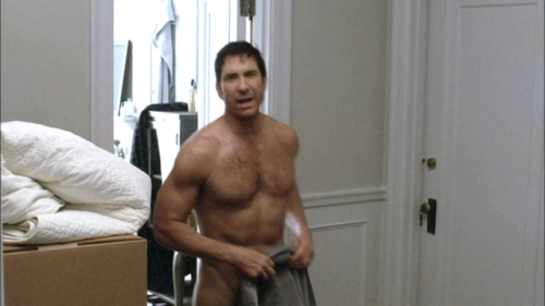 ahsmalenudity:  Dylan McDermott                                                             [ASS, PENIS]AHS: Murder House | 1x01 “Pilot”Ben Harmon gets out of the shower, scantily holding a towel in front of him, when