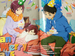 sou-katsu:  clearer photos of some new December Free!ES magazine spreads coming out on November 10th. the Sousuke + Matsuoka siblings Christmas spread with be for Newtype December 2014. Haru + Makoto on a coffee date is for Animage December 2014. and