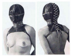 drencrome:  historyofbdsm:  (via A fetish leathercrafters journal: Justine in the mask… by William Seabrook) Leather bondage/sensory deprivation hood designed and commissioned by William Seabrook, worn by Justine, and custom-made by Abercrombie &amp;