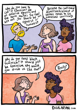 rosalarian:  Gonna keep a tally of messages I get from a) white feminists completely proving my point and b) people who think this comic proves feminism is worthless because I criticized one part of it. (Even despite me writing these words underneath