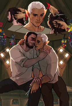 rennybu: and what better way to mark such a milestone? they place bets as to who’s will grow back faster. hawke’s returns to a tangle of curls in no time at all. fenris keeps his short. they travel alone, together. HERE IT IS! my full piece for the