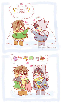 racyue:  Haruka and Makoto on a snow day ! - Haru-chan got his fever for another reason than Mako-chan - 