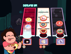 grumpyfaceblog:  UKULELE HERO! Here’s a fun mockup of a feature we were sad to cut from the game.  The idea was to have the player activate a rhythm minigame whenever using Steven’s ukulele.  Successfully jamming out would award buffs for the team,