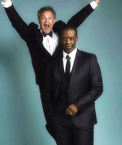 you-had-me-at-downton:   “There I was, auditioning to be the next James Bond, when this bloke barges in front of me.” (x) Hugh Bonneville photobombs Adrian Lester backstage at the BAFTA TV Awards   