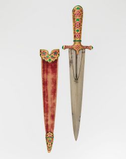 art-of-swords:  Dagger and Sheath Dated: circa 1605–27 Culture: Indian, Mughal Medium: steel, gold, ruby, emerald, wood, textile, glass Measurements: L. 14 5/8 in. (37.1 cm); L. without scabbard 13 15/16 in. (35.4 cm); L. of grip 4 13/16 in. (12.2 cm);