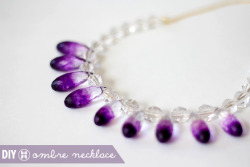 dreamalittlebiggerblog:  Make a DIY drop ombre necklace with High on DIY. She uses acrylic paint to ombre up the beads so that she can easily change the color (because it washes off easily) and it hasn’t stained her clothes yet. With my experience with