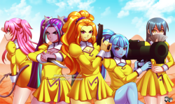 jadenkaiba:   “We are the New Gold Delmo Girls~!”COMMISSION FOR danteshadow1 of DeviantartThe Newest Addition for the Gold Delmo Girls the members are:Yui from Angel Beats The Dazzlings ( Aria Blaze, Adagio Dazzle, and Sonata Dusk) from MLP: Equestria