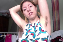 hairypitsclub:  My armpit hair looks like the birds on my shirt. Flapping its wings.  I stopped shaving my armpits four years ago during a feminism course in university. I learned that I didn’t have to shave, which was quite a big lesson. I hadn’t