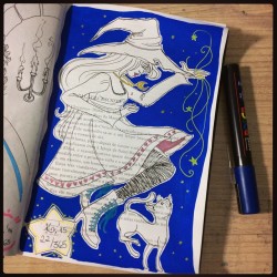 invisiblekey:Let’s play 🐱💙✨ 22/365 #365sketches #1page1day #challenge #art #drawing #posca #ink #metalic #marker #witch #stars #cat